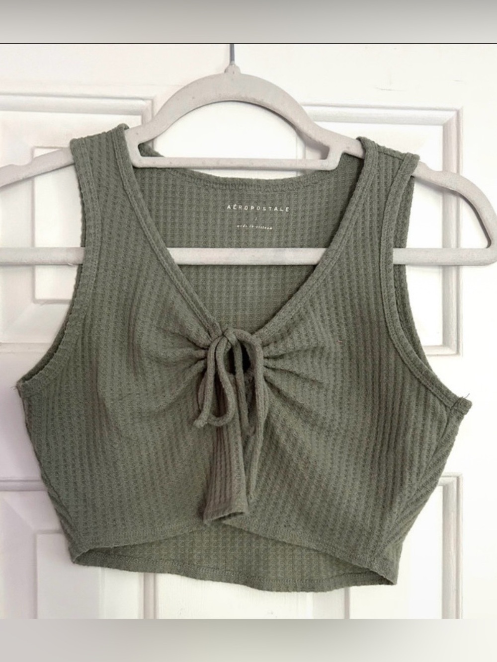 Aeropostale Olive Ribbed Tie-Front Crop Top